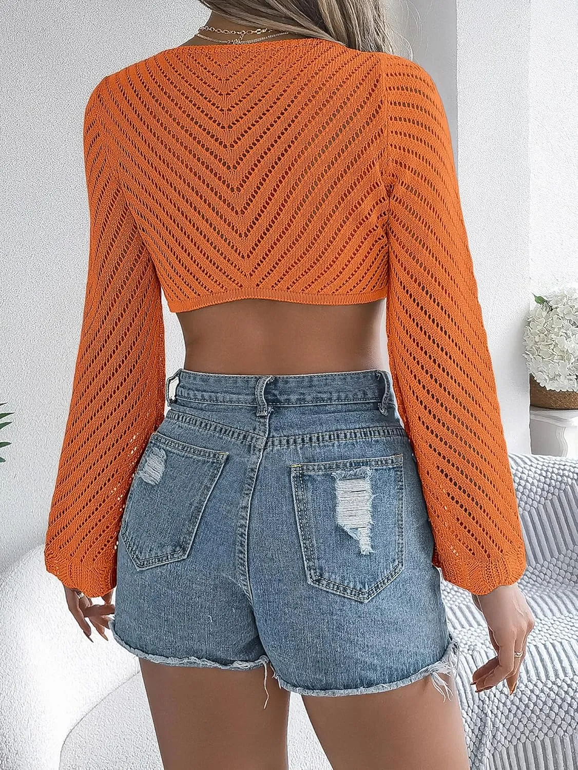 Beautiful Nomad Women's Crochet Cardigan Tie Front Bell Long Sleeve Knit Sweater Hollow Out Shrug Tops