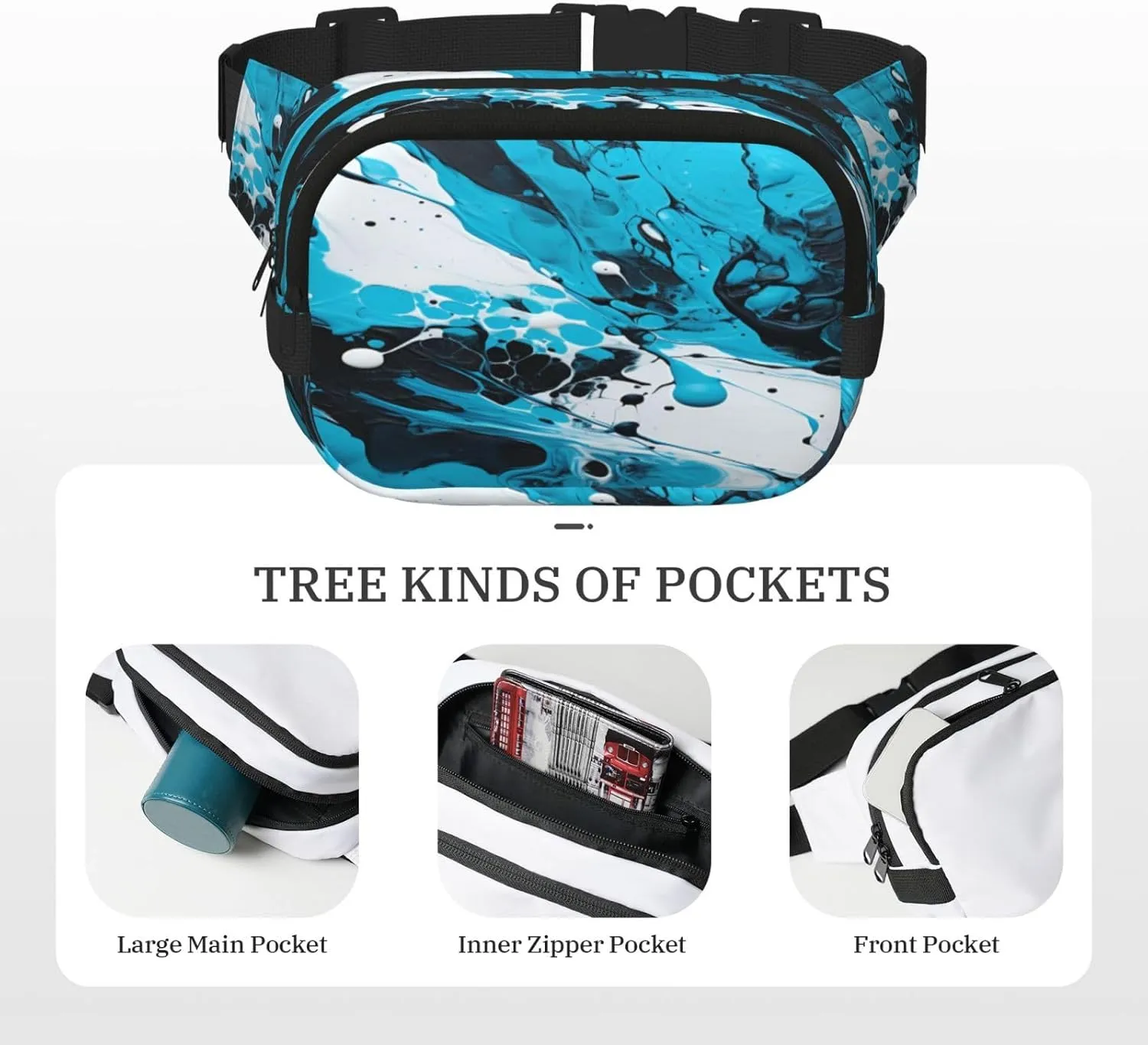 Blue Black Abstract Funny Pack Waist Pack for Women Men, Double Layer Pack for Workout Running Travelling