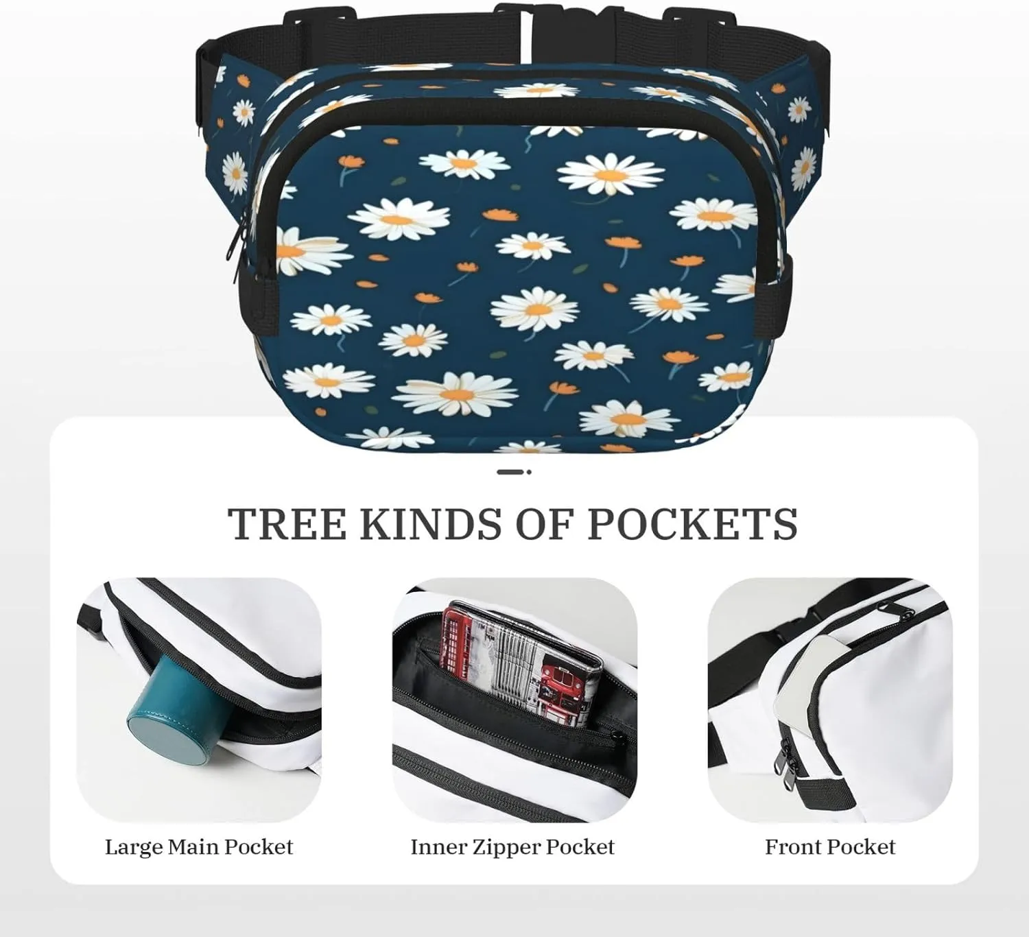 Blue Daisy Pattern Funny Pack Waist Pack for Women Men, Double Layer Pack for Workout Running Travelling