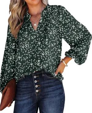 Boho Tops for Women Oversized V Neck Long Sleeve T Shirts Loose Comfy Print Pleated Tshirts Summer Pullover Blouses