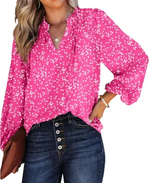 Boho Tops for Women Oversized V Neck Long Sleeve T Shirts Loose Comfy Print Pleated Tshirts Summer Pullover Blouses
