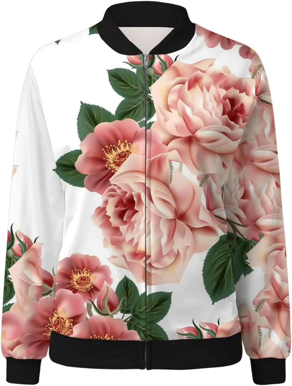 Bomber Jacket Women 2025 Floral Zip Up Zipper Sports Jackets Coats Stand Collar Causal Long Sleeve Lightweight Outerwear Tops