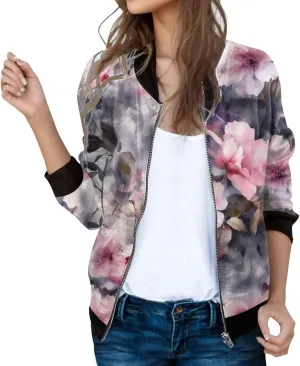 Bomber Jacket Women 2025 Floral Zip Up Zipper Sports Jackets Coats Stand Collar Causal Long Sleeve Lightweight Outerwear Tops