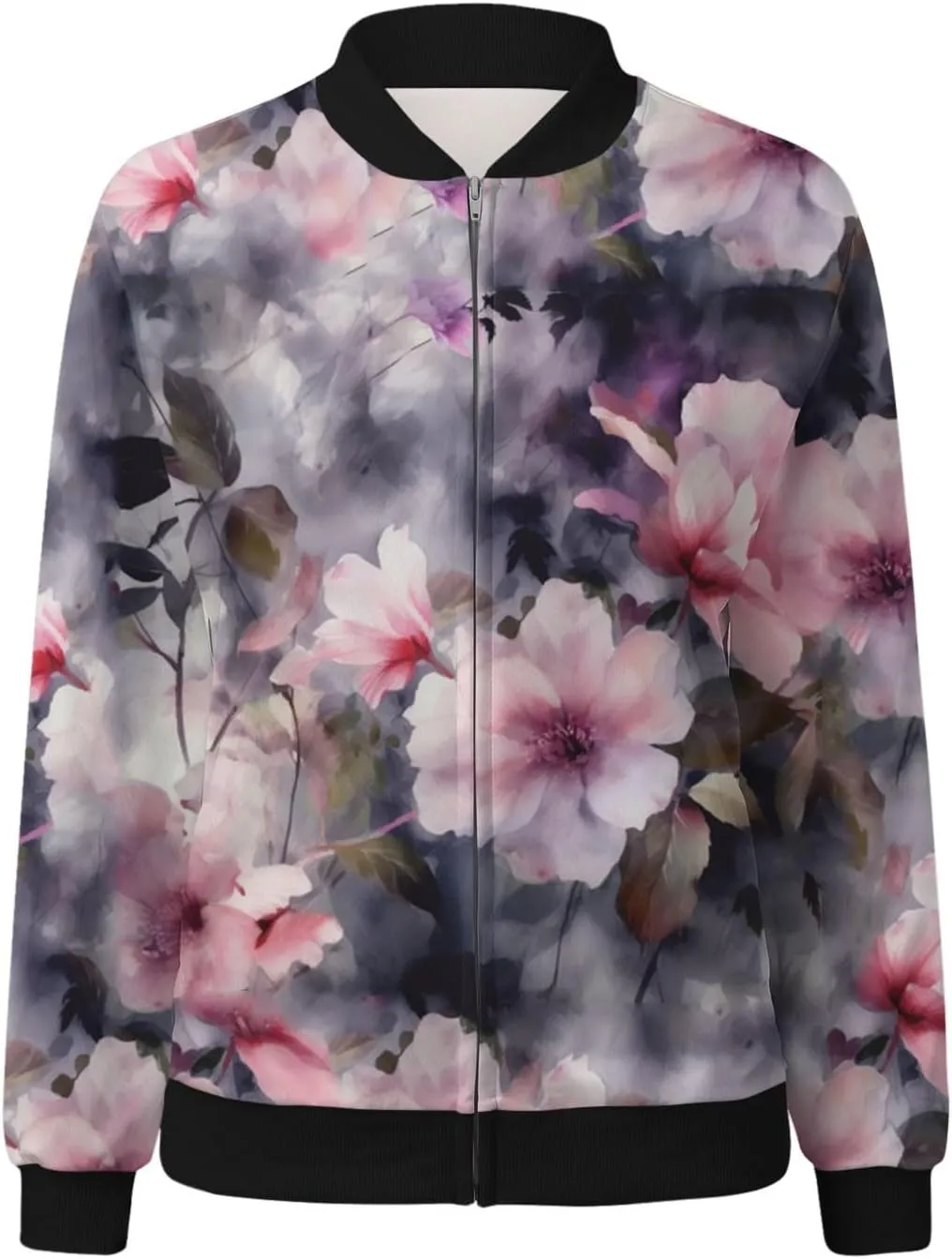 Bomber Jacket Women 2025 Floral Zip Up Zipper Sports Jackets Coats Stand Collar Causal Long Sleeve Lightweight Outerwear Tops