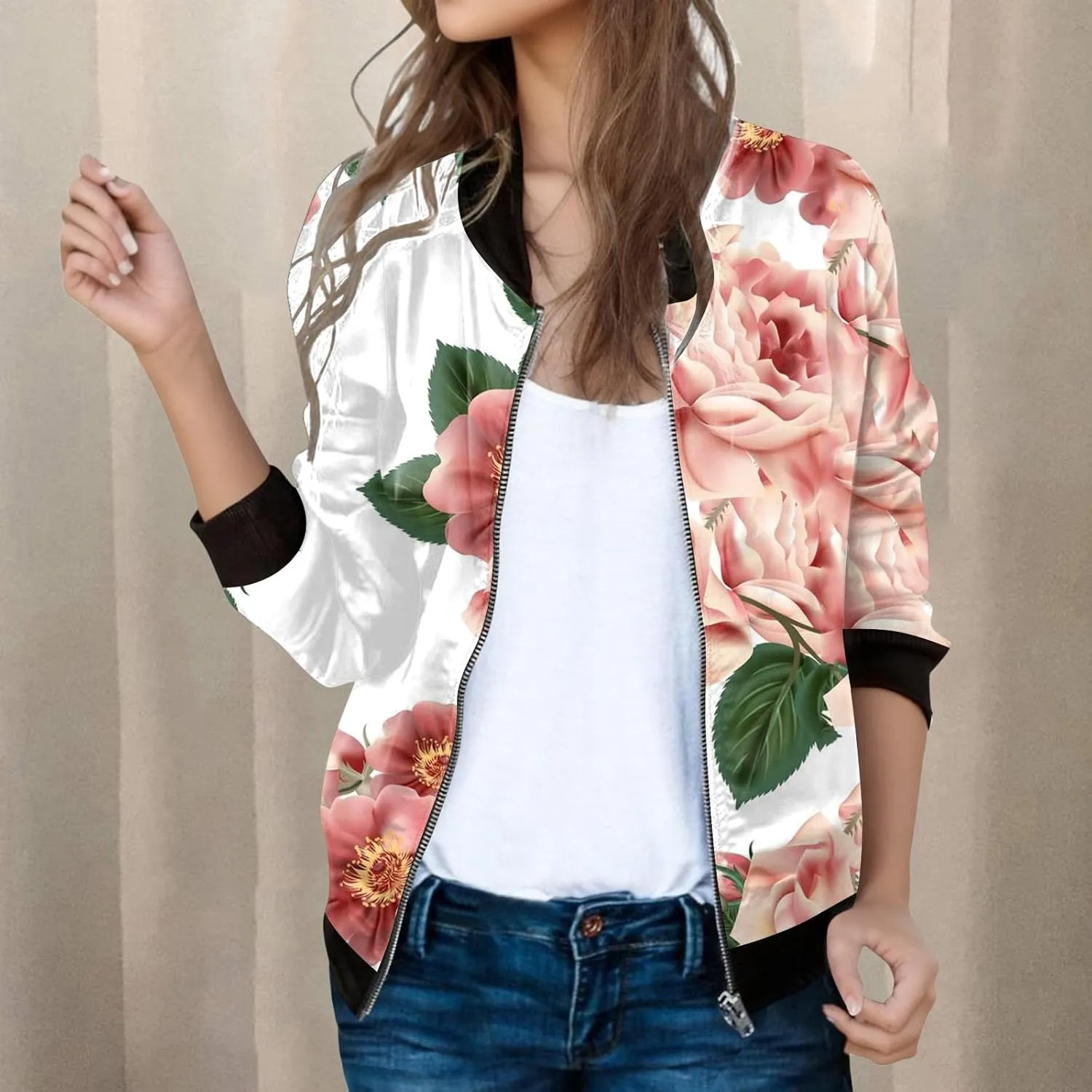 Bomber Jacket Women 2025 Floral Zip Up Zipper Sports Jackets Coats Stand Collar Causal Long Sleeve Lightweight Outerwear Tops