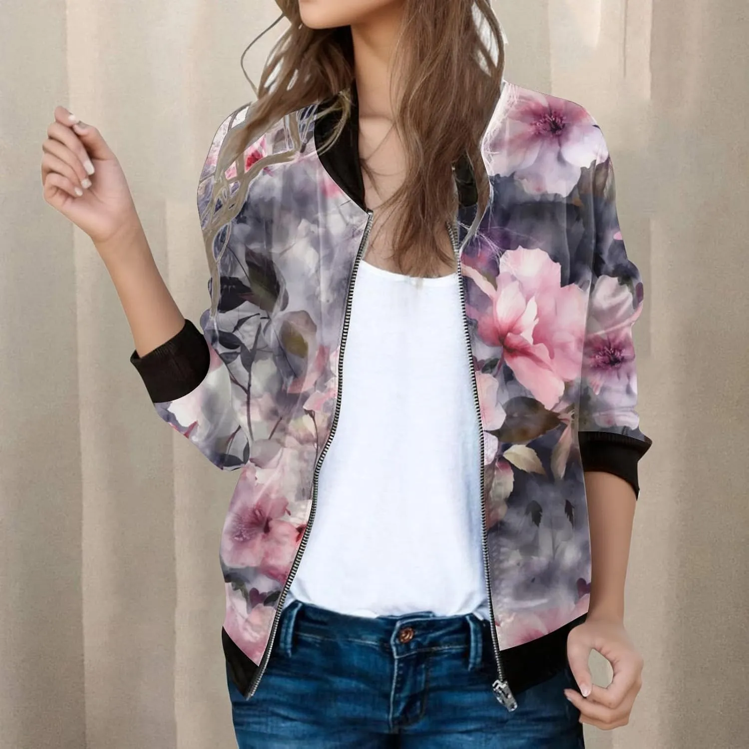 Bomber Jacket Women 2025 Floral Zip Up Zipper Sports Jackets Coats Stand Collar Causal Long Sleeve Lightweight Outerwear Tops