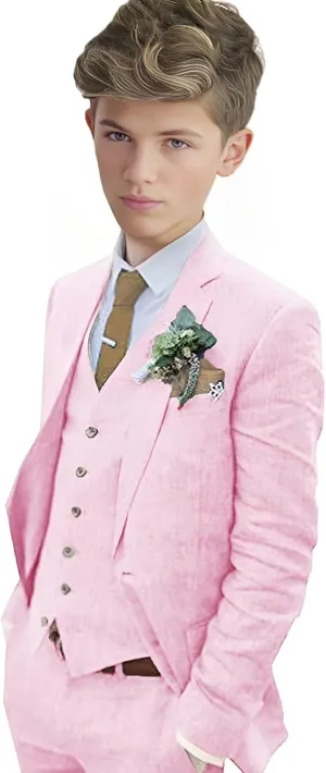 Boys Linen Suit Boys Tuxedo Slim Fit 3 Piece Summer Suit Kids Linen Suit Jacket Vest Pant