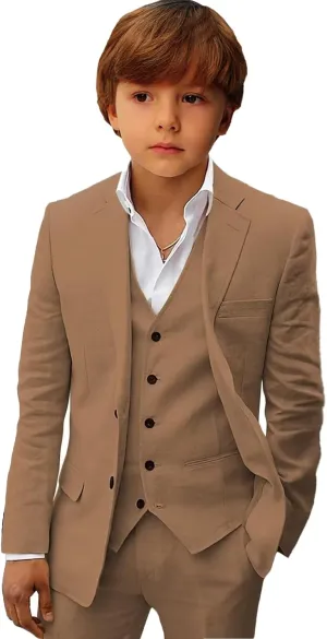 Boys Linen Suit Set Boys Summer Beach 3 Pieces Slim Fit Kids Tuxedo Suit Blazer Vest Pants Suit