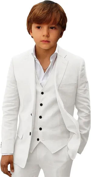Boys Linen Suit Set Boys Summer Beach 3 Pieces Slim Fit Kids Tuxedo Suit Blazer Vest Pants Suit