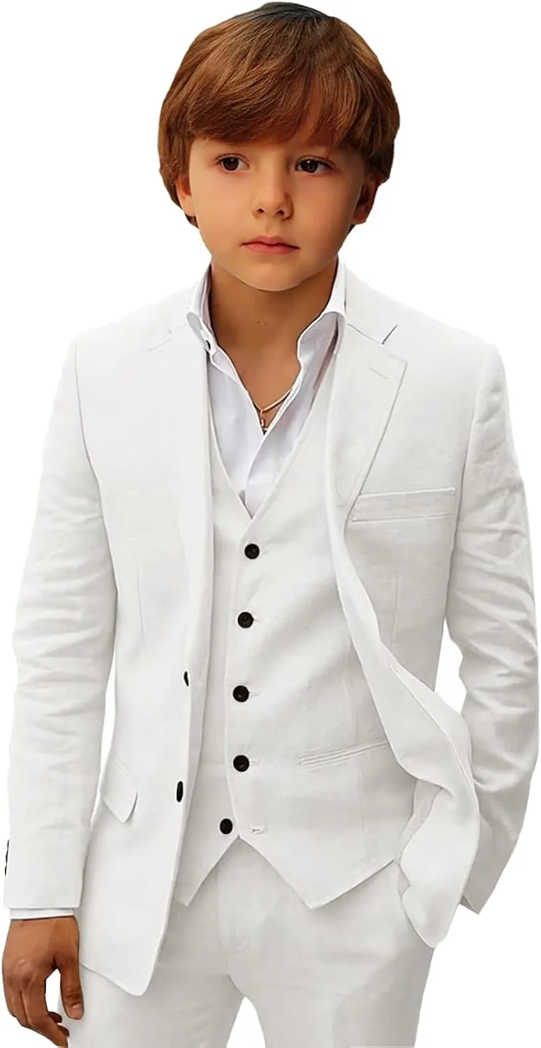 Boys Linen Suit Set Boys Summer Beach 3 Pieces Slim Fit Kids Tuxedo Suit Blazer Vest Pants Suit