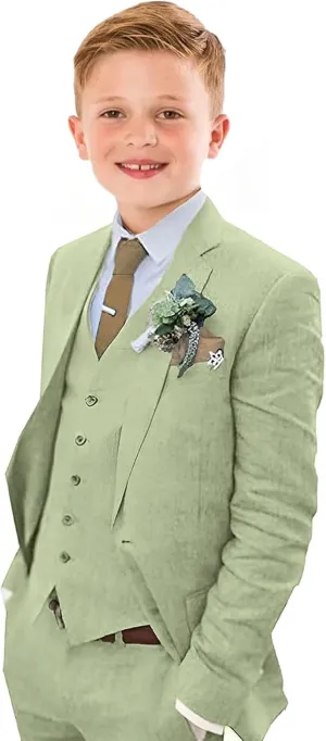 Boys Linen Suit Slim Fit 3 Piece Summer Beach Wedding Light Weight Suit Kids Linen Suit Jacket Vest Pant Set