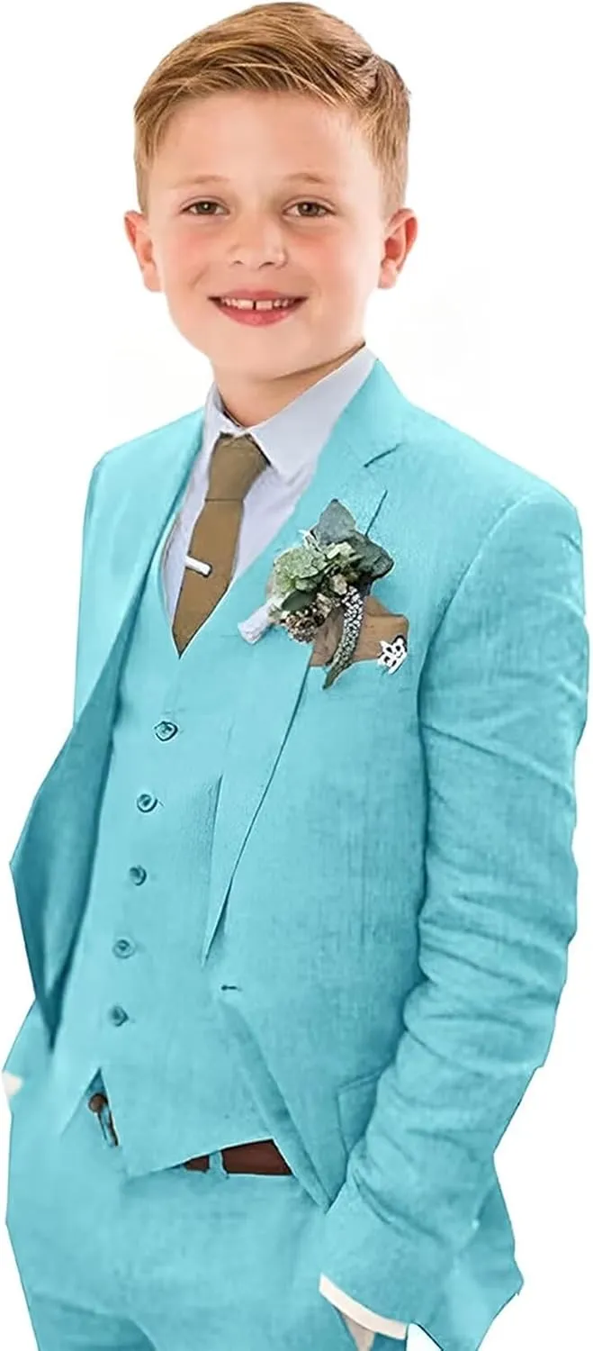 Boys Linen Suit Slim Fit 3 Piece Summer Beach Wedding Light Weight Suit Kids Linen Suit Jacket Vest Pant Set