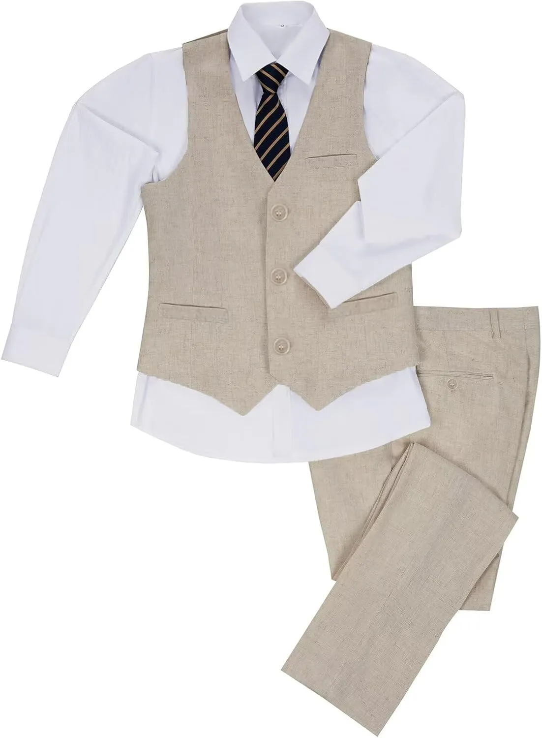 Boys Linen Suit Slim Fit 3 Piece Summer Beach Wedding Light Weight Suit Kids Linen Suit Jacket Vest Pant Set