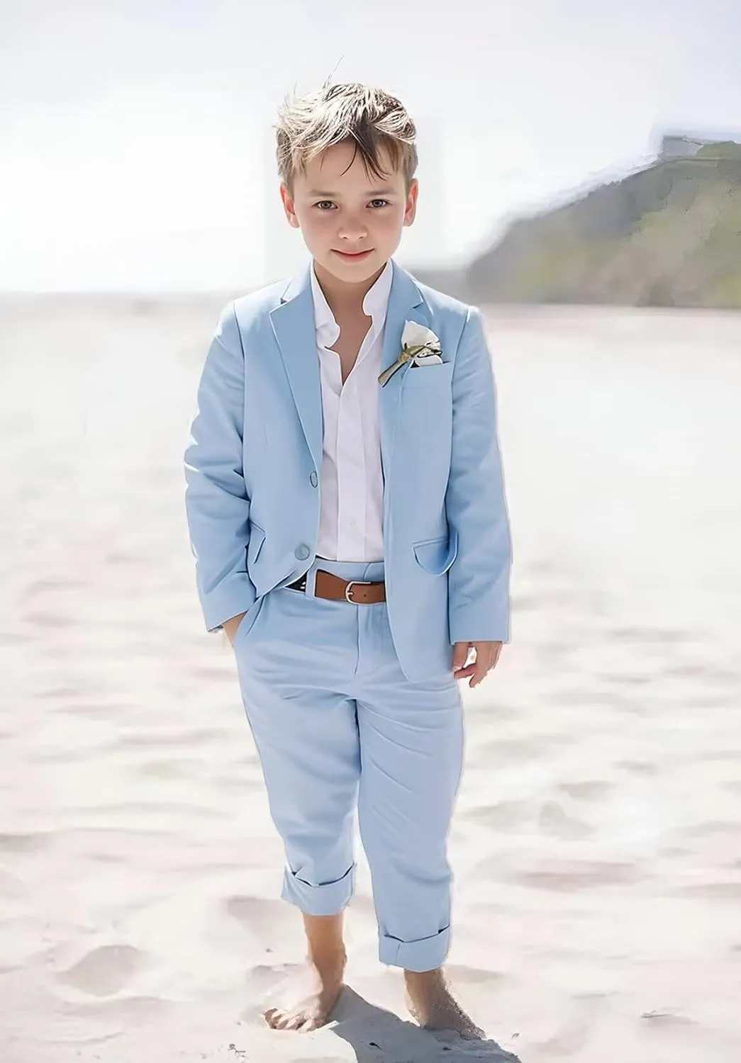 Boys Linen Suits Beach Wedding Suit Summer Slim Fit 2 Piece Kids Lightweight Linen Suit Jacket Pant Set