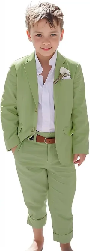 Boys Linen Suits Beach Wedding Suit Summer Slim Fit 2 Piece Kids Lightweight Linen Suit Jacket Pant Set