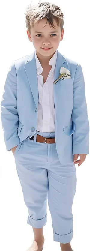 Boys Linen Suits Beach Wedding Suit Summer Slim Fit 2 Piece Kids Lightweight Linen Suit Jacket Pant Set