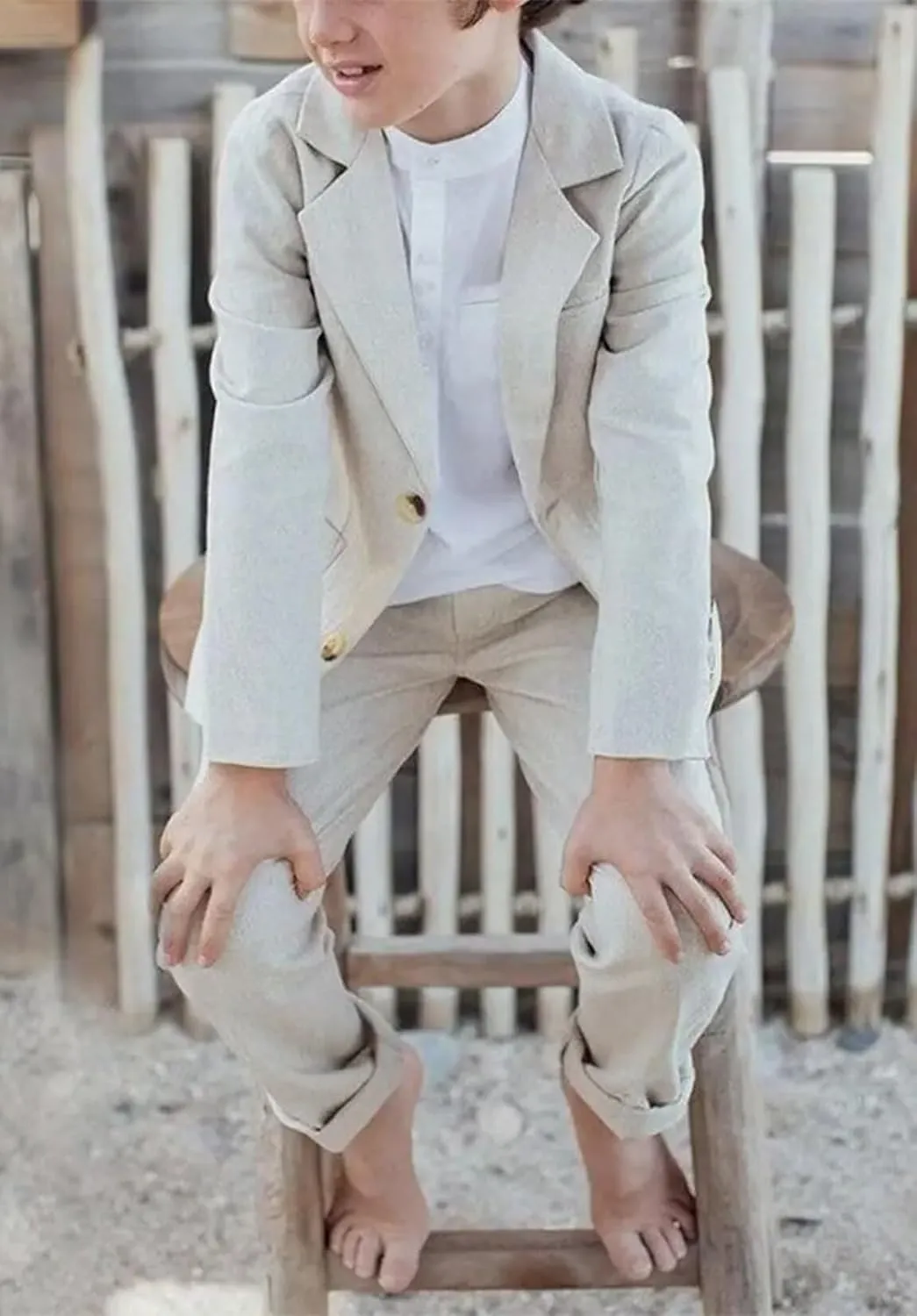 Boys Linen Suits Beach Wedding Suit Summer Slim Fit 2 Piece Kids Lightweight Linen Suit Jacket Pant Set