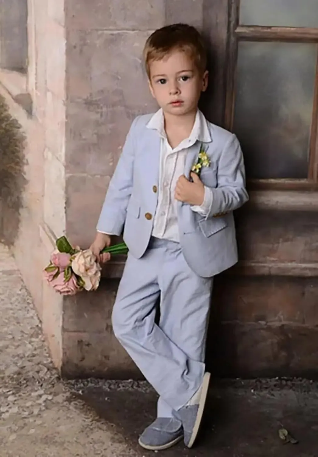 Boys Linen Suits Beach Wedding Suit Summer Slim Fit 2 Piece Kids Lightweight Linen Suit Jacket Pant Set