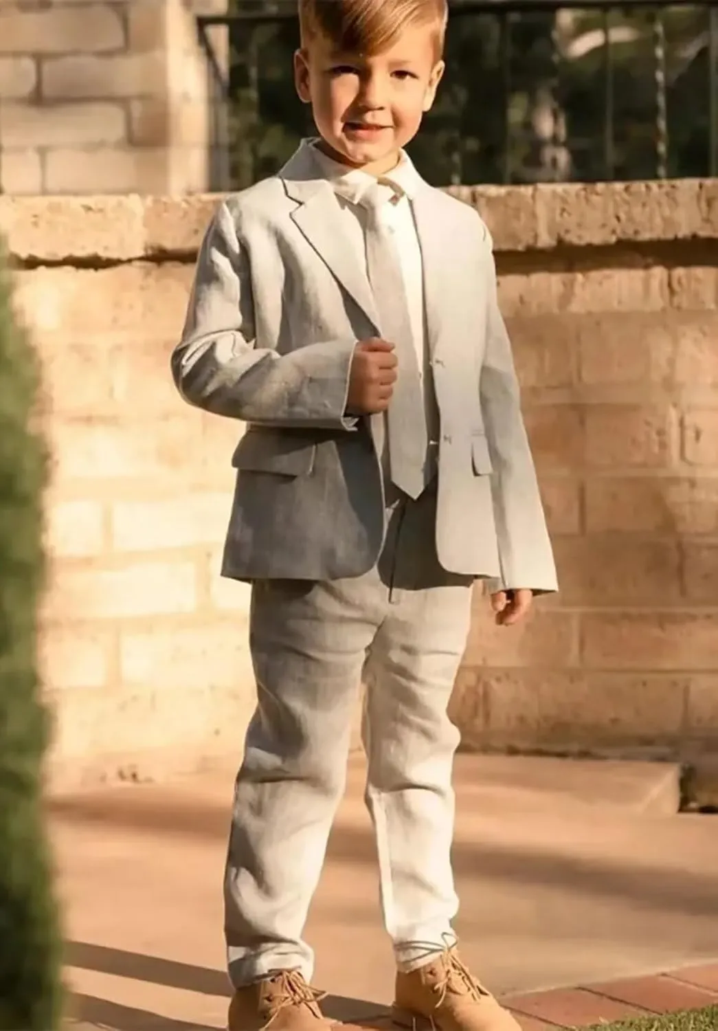 Boys Linen Suits Beach Wedding Suit Summer Slim Fit 2 Piece Kids Lightweight Linen Suit Jacket Pant Set