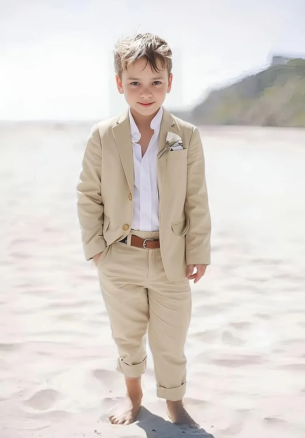 Boys Linen Suits Beach Wedding Suit Summer Slim Fit 2 Piece Kids Lightweight Linen Suit Jacket Pant Set