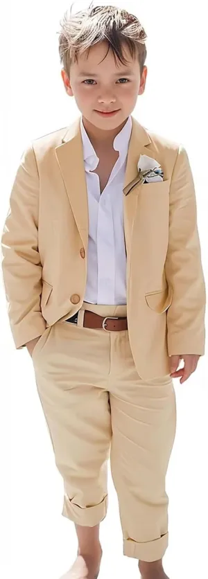 Boys Linen Suits Beach Wedding Suit Summer Slim Fit 2 Piece Kids Lightweight Linen Suit Jacket Pant Set