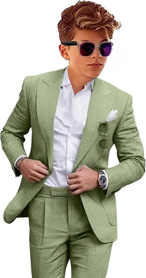 Boys Linen Suits Casual 2 Piece Summer Beach Wedding Tuxedo Suit for Boy Ring Bearer Outfit
