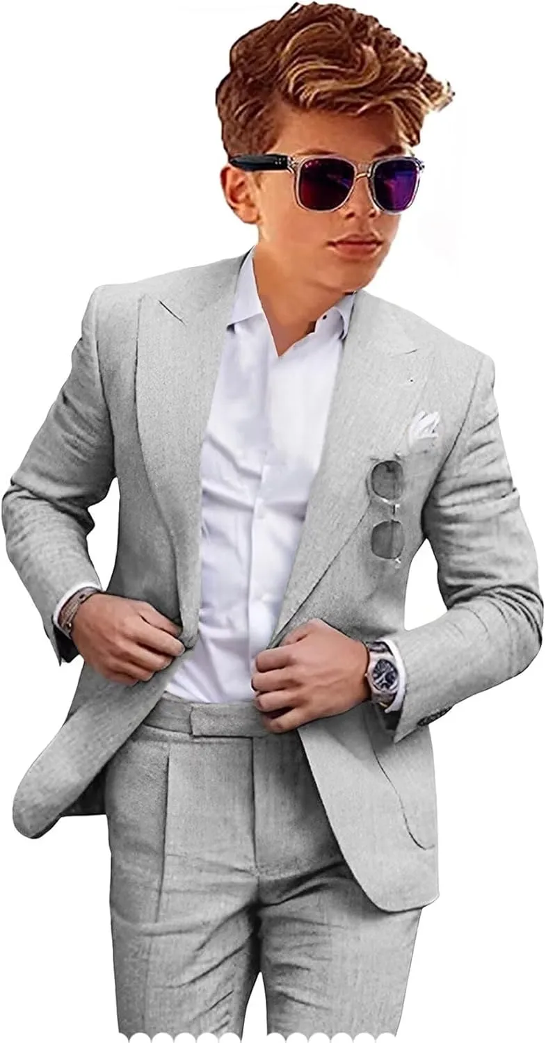Boys Linen Suits Casual 2 Piece Summer Beach Wedding Tuxedo Suit for Boy Ring Bearer Outfit