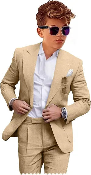 Boys Linen Suits Casual 2 Piece Summer Beach Wedding Tuxedo Suit for Boy Ring Bearer Outfit