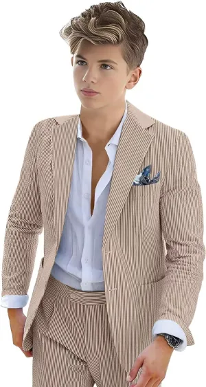 Boys Seersucker Suit 2 Piece Tuxedo for Boys Striped Blazer Pants Boys Summer Beach Wedding Suit
