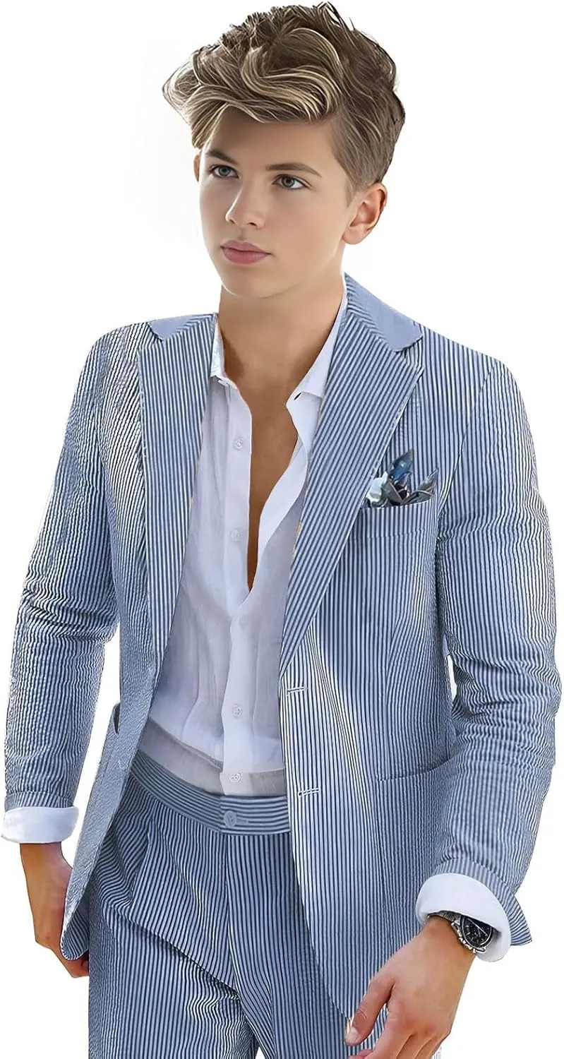 Boys Seersucker Suit 2 Piece Tuxedo for Boys Striped Blazer Pants Boys Summer Beach Wedding Suit
