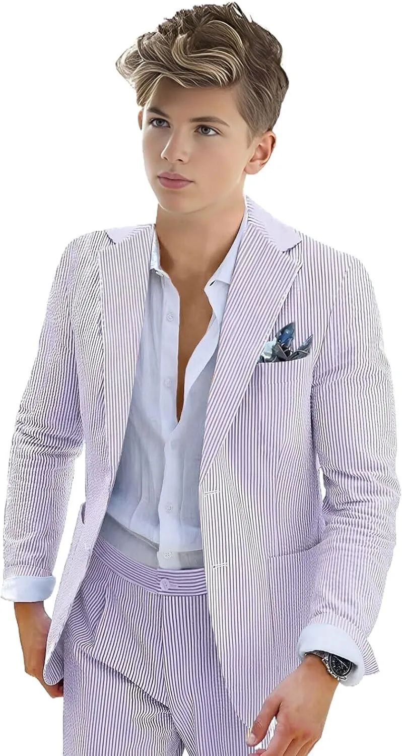 Boys Seersucker Suit 2 Piece Tuxedo for Boys Striped Blazer Pants Boys Summer Beach Wedding Suit