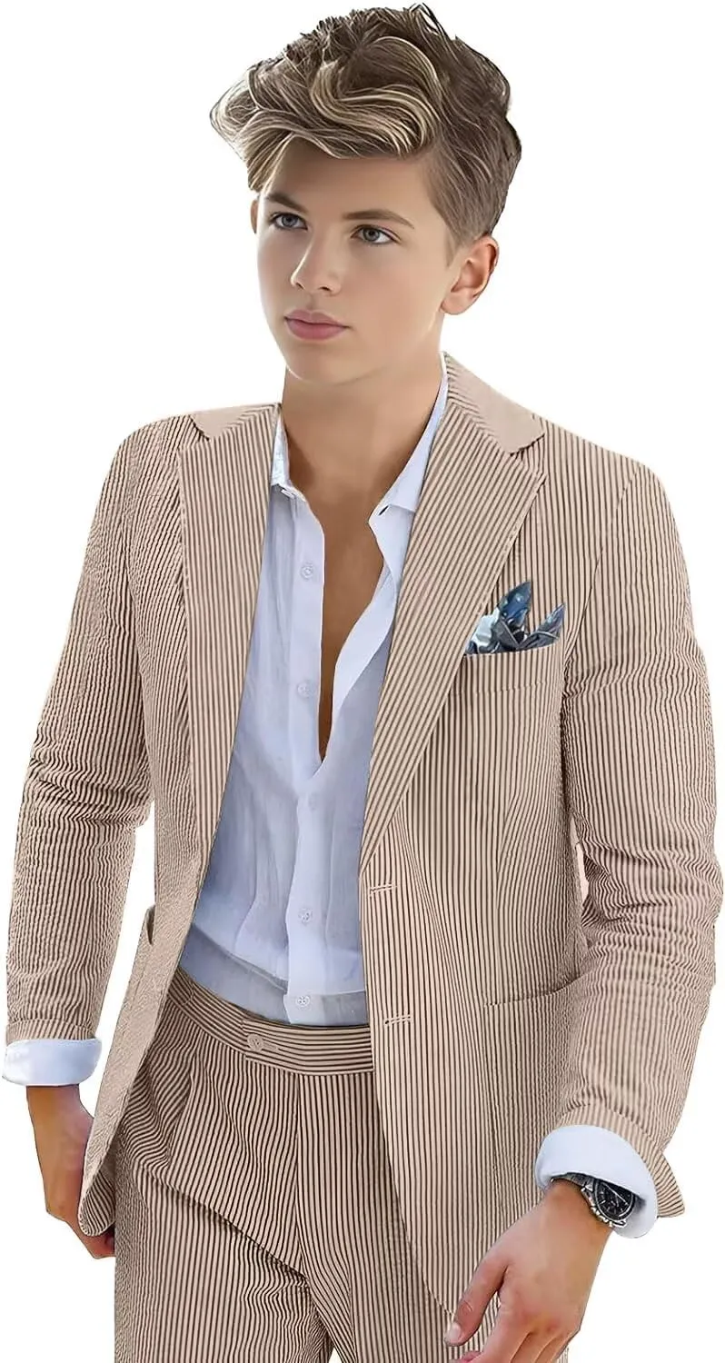 Boys Seersucker Suit 2 Piece Tuxedo for Boys Striped Blazer Pants Boys Summer Beach Wedding Suit