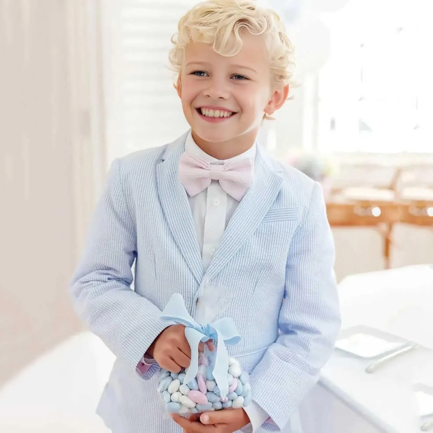 Boys Seersucker Suit 2 Piece Tuxedo for Boys Striped Blazer Pants Boys Summer Beach Wedding Suit