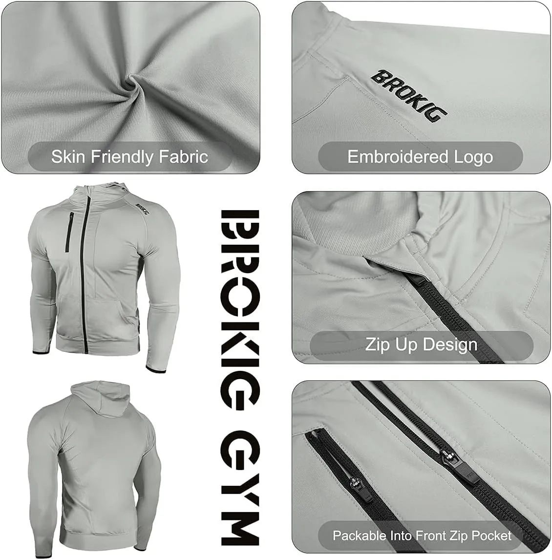BROKIG Mens WindBreak Lightweight Running Jackets with Zip Pocket, Workout Track Hoodie Athletic Gym Sweatshirts Men