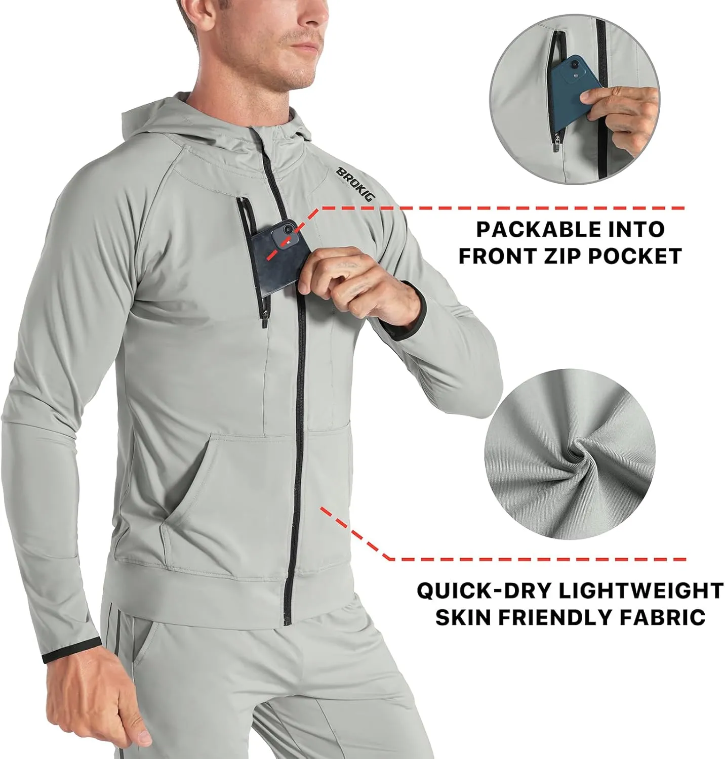 BROKIG Mens WindBreak Lightweight Running Jackets with Zip Pocket, Workout Track Hoodie Athletic Gym Sweatshirts Men