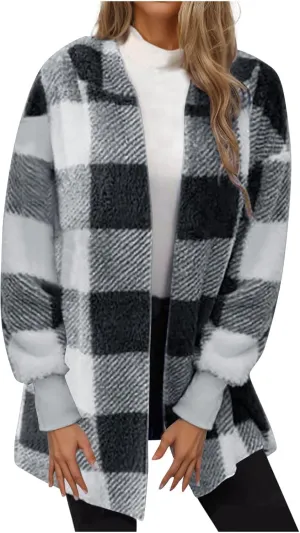 Buffalo Plaid Fleece Cardigan for Women Flannel Open Front Fall Jackets Long Sleeve Fuzzy Plush Warm Winter Coats