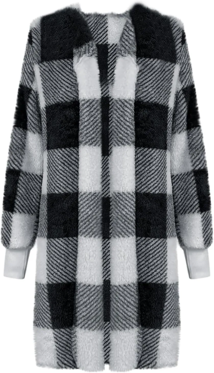 Buffalo Plaid Fleece Cardigan for Women Flannel Open Front Fall Jackets Long Sleeve Fuzzy Plush Warm Winter Coats