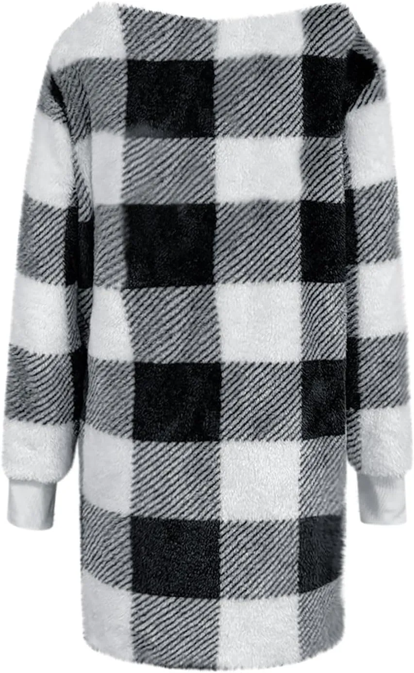 Buffalo Plaid Fleece Cardigan for Women Flannel Open Front Fall Jackets Long Sleeve Fuzzy Plush Warm Winter Coats