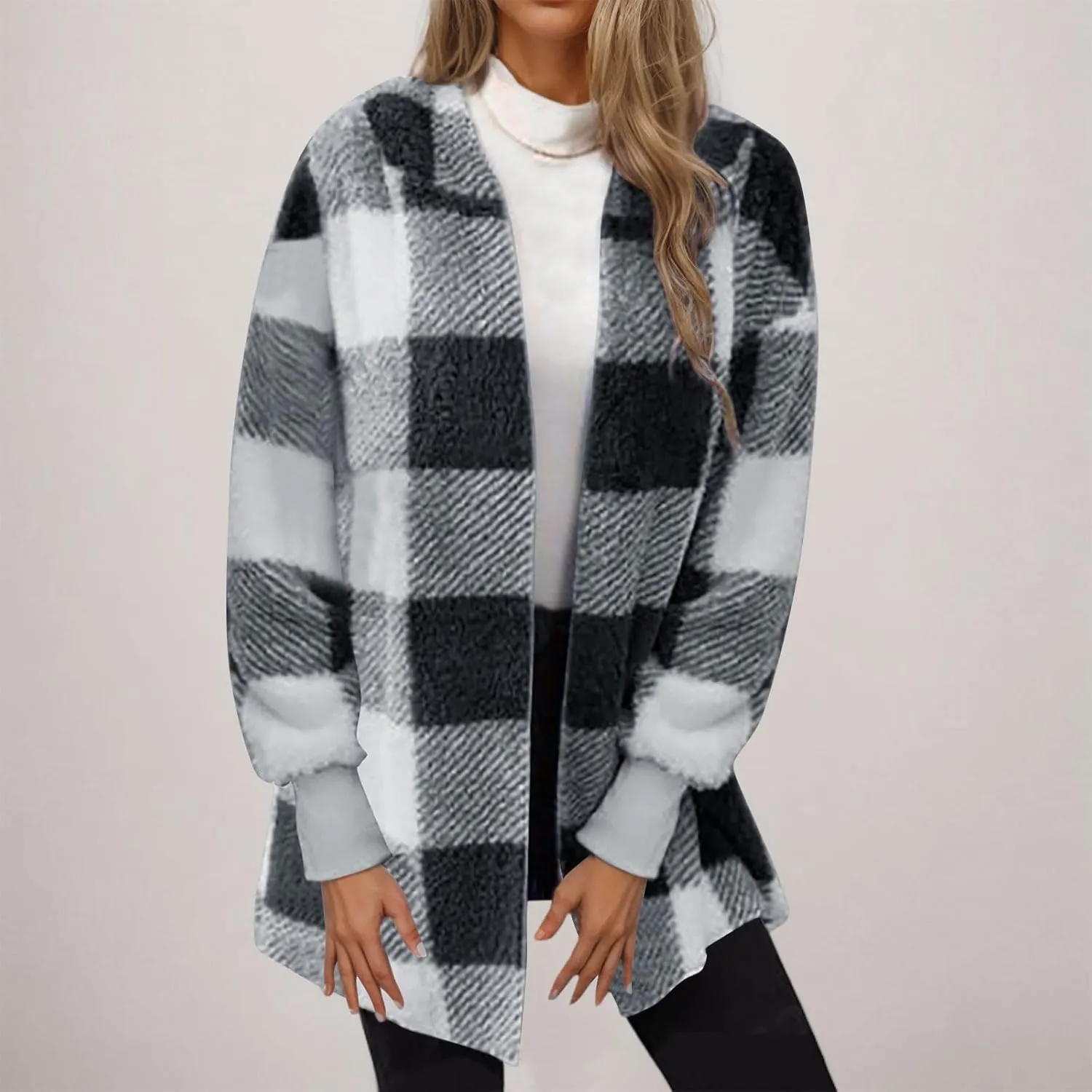Buffalo Plaid Fleece Cardigan for Women Flannel Open Front Fall Jackets Long Sleeve Fuzzy Plush Warm Winter Coats