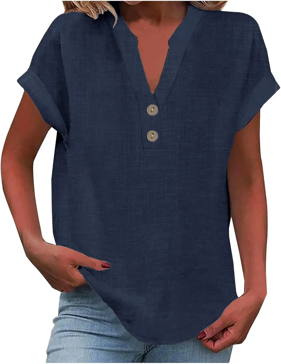 Button Down V Neck Shirts for Women Short Sleeve Solid Color Shirts Dressy Casual Tops Slim Fitting Tops Blouse