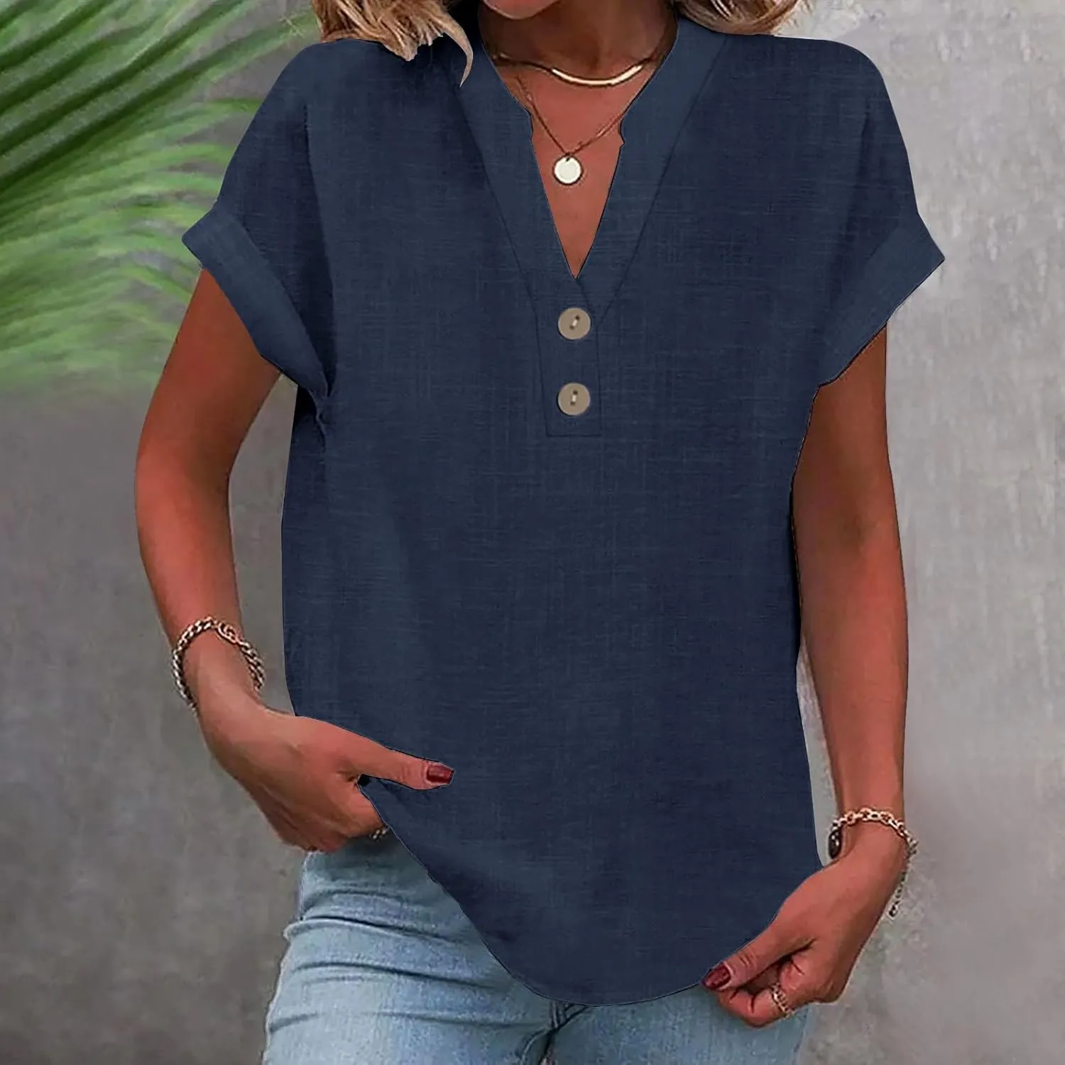 Button Down V Neck Shirts for Women Short Sleeve Solid Color Shirts Dressy Casual Tops Slim Fitting Tops Blouse