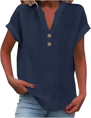 Button Down V Neck Shirts for Women Short Sleeve Solid Color Shirts Dressy Casual Tops Slim Fitting Tops Blouse