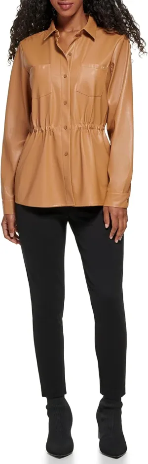Calvin Klein Women's Lightweight Leather Collar Sinched Waist Jacket