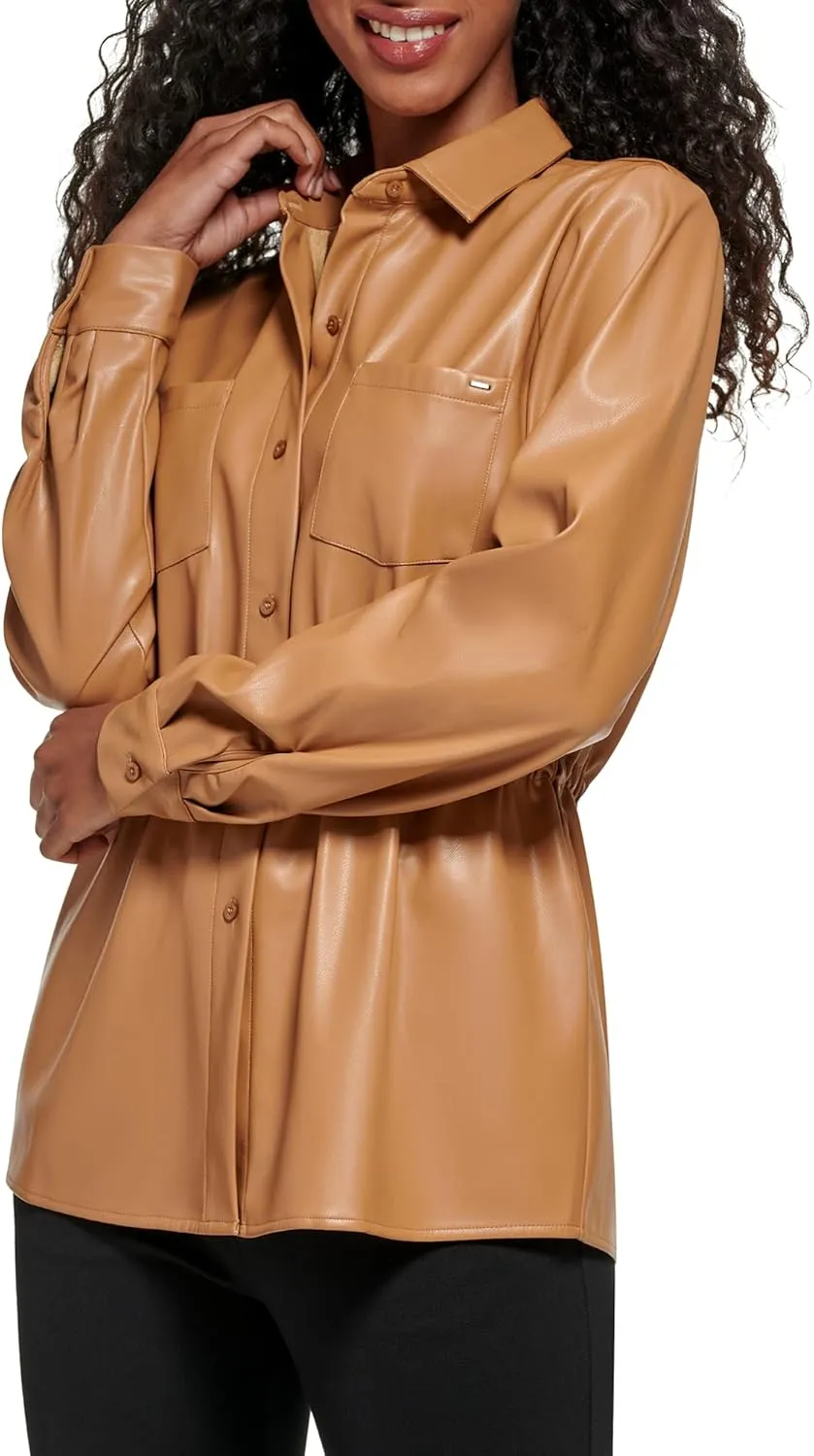 Calvin Klein Women's Lightweight Leather Collar Sinched Waist Jacket