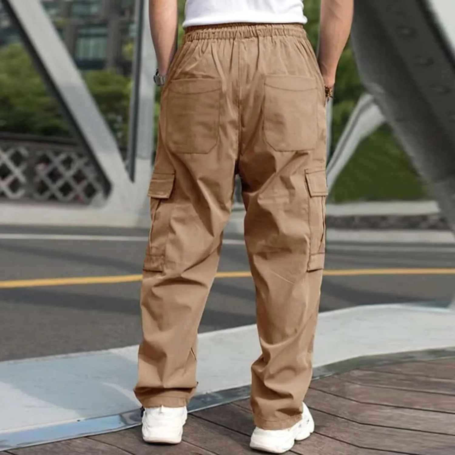 Cargo Pants for Men Drawstring Elastic Waist Trousers Outdoor Comfort Sweatpants with Pockets All Season