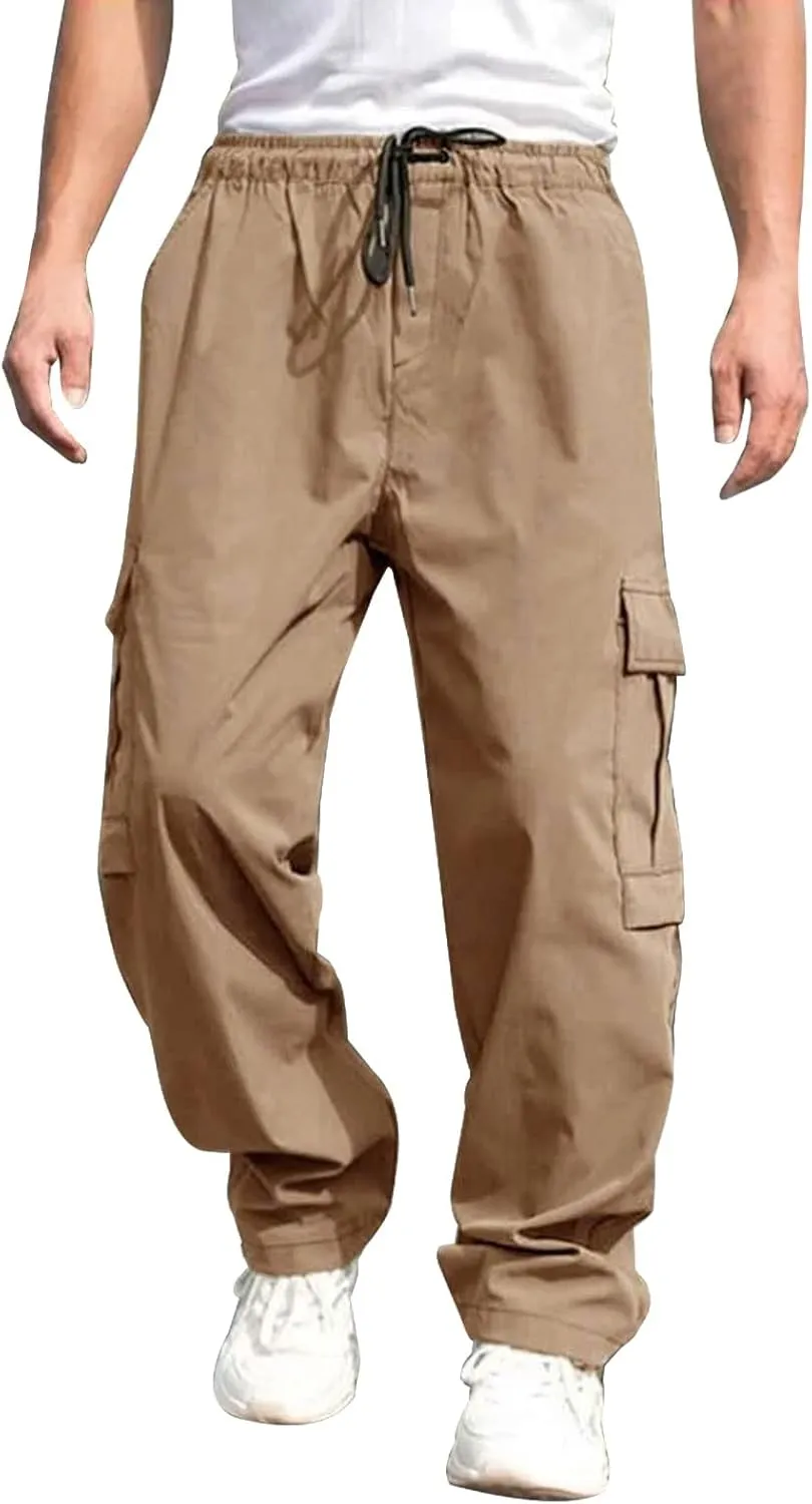 Cargo Pants for Men Drawstring Elastic Waist Trousers Outdoor Comfort Sweatpants with Pockets All Season