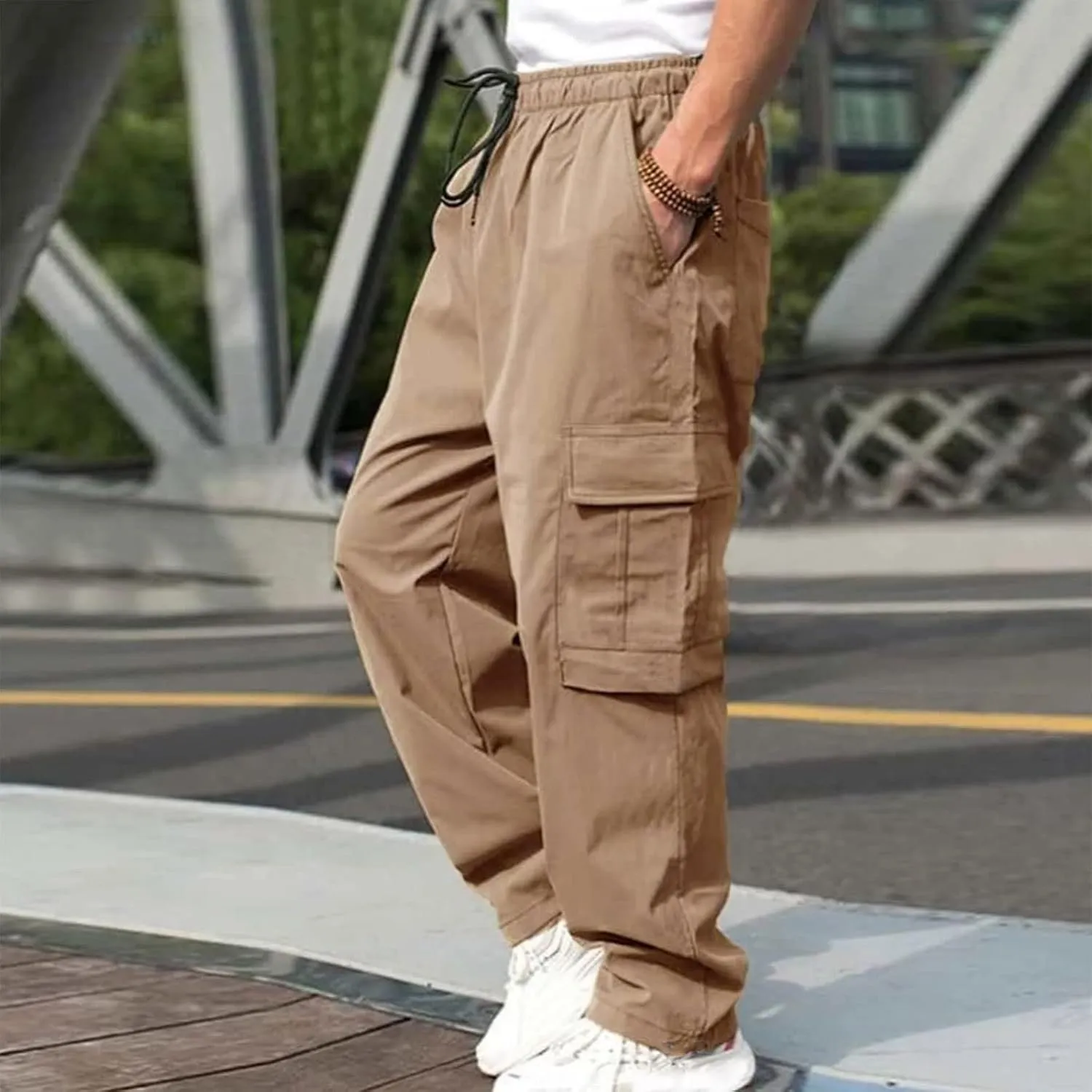 Cargo Pants for Men Drawstring Elastic Waist Trousers Outdoor Comfort Sweatpants with Pockets All Season