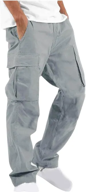Cargo Pants for Men Elastic Waist Lightweight Outdoor Hiking Tactical Pant Casual Cotton Loose Straight Leg Pants