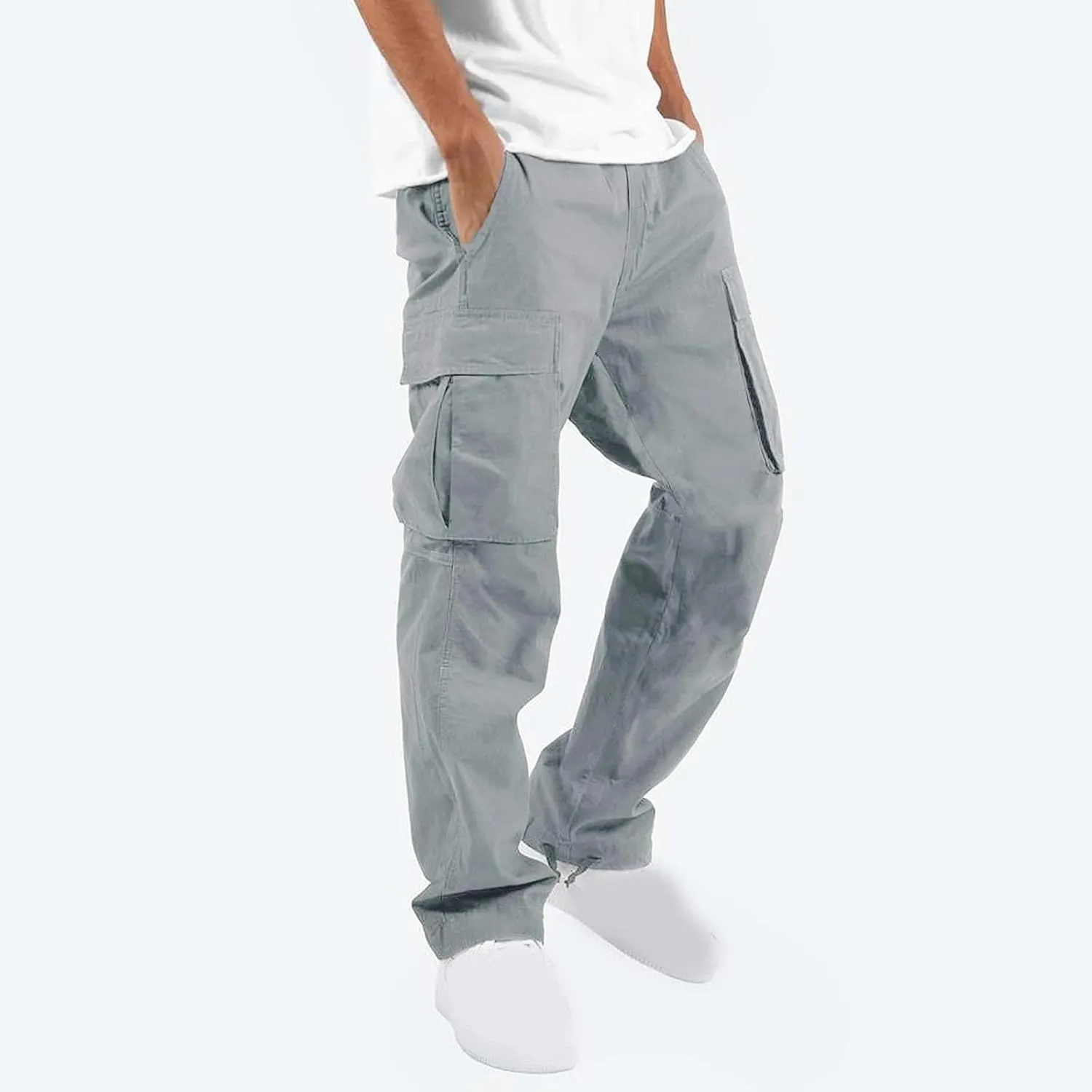 Cargo Pants for Men Elastic Waist Lightweight Outdoor Hiking Tactical Pant Casual Cotton Loose Straight Leg Pants