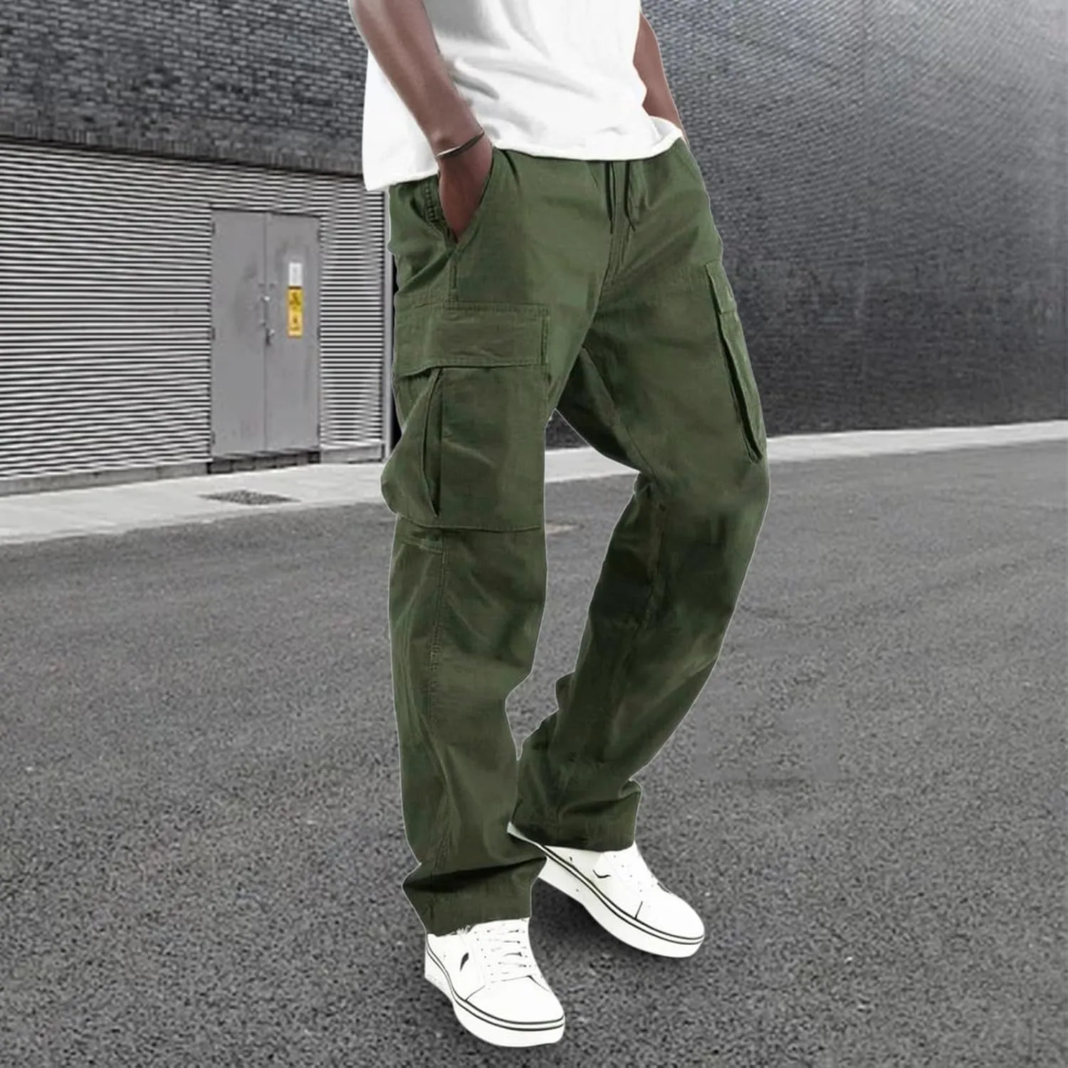 Cargo Pants for Men Outdoor Lightweight Casual Summer Athletic Trousers Straight Leg Elastic Waist Drawstring Pants